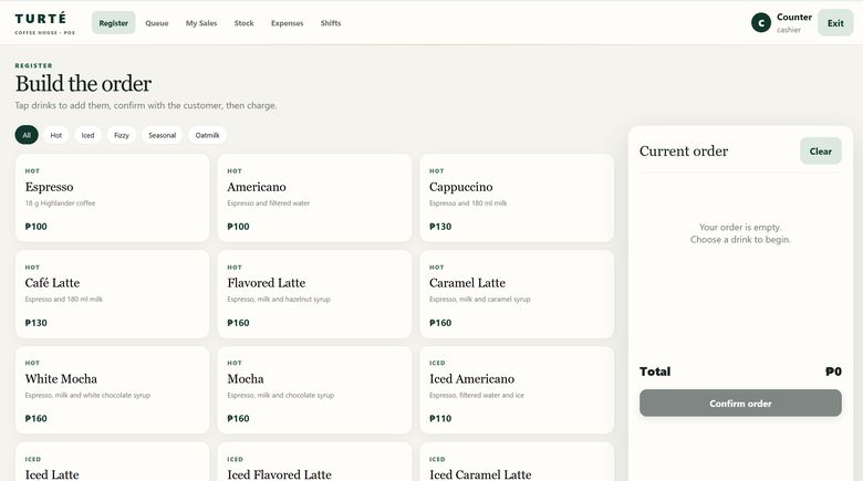The Turté POS register screen